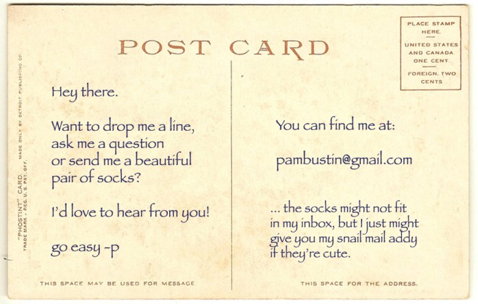 the groovy postcard with my email addy - pambustin@gmail.com